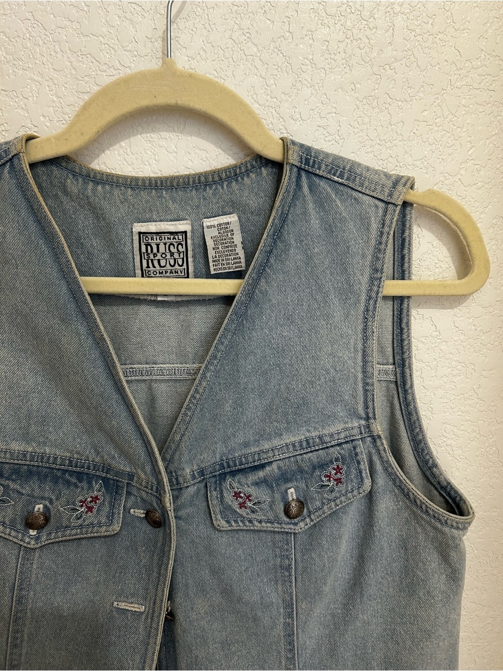 Russ vintage light blue denim crop vest with embroidered floral pockets